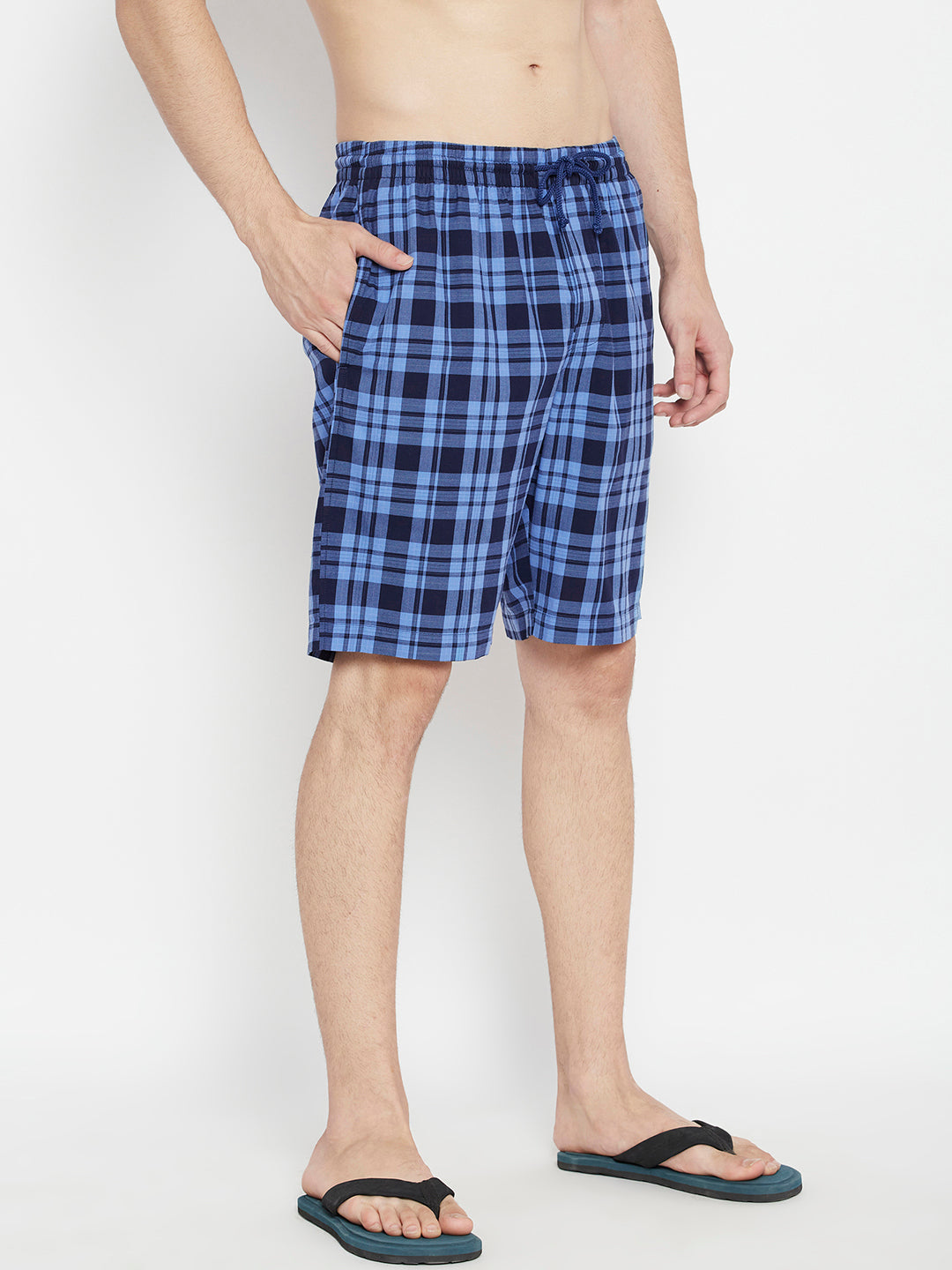 Blue Checked Slim Fit Lounge Shorts - Men Lounge Shorts