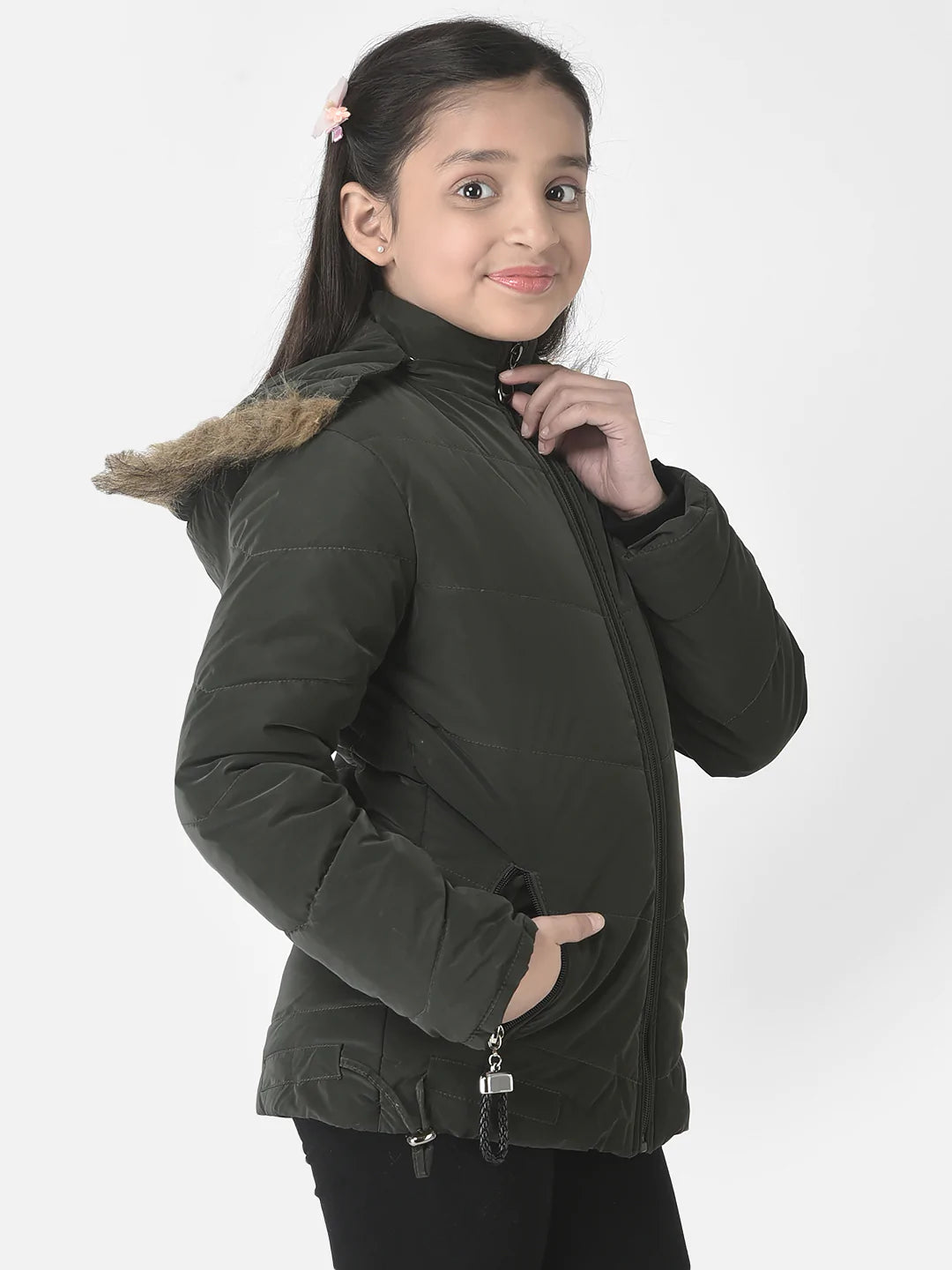  Olive Faux Fur Hooded Jacket 