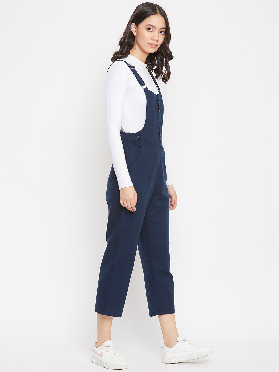 Navy Blue Solid Slim Fit Dungarees-Women Dungarees-Crimsoune Club