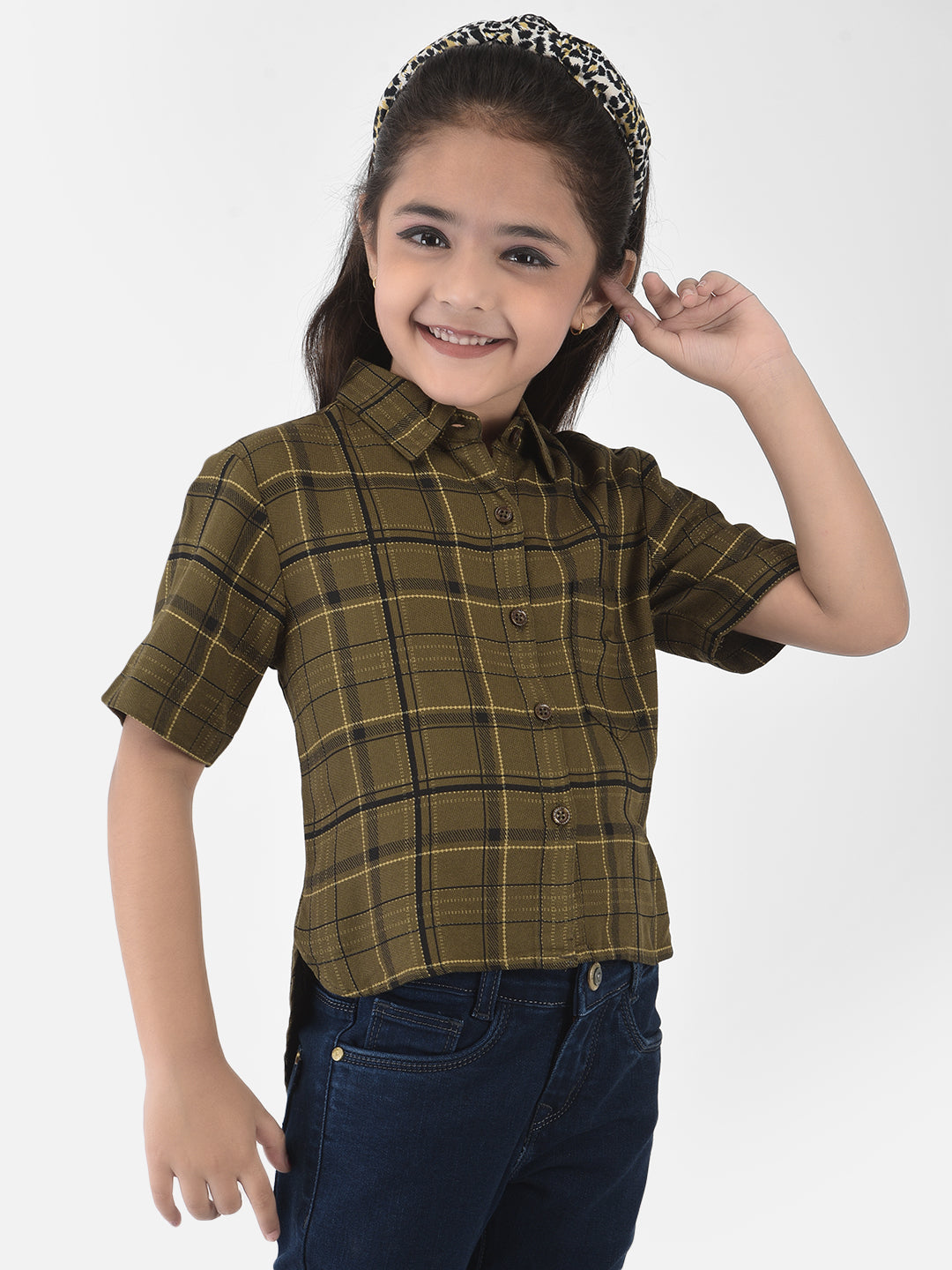 Olive Green High-Low Checked Crop Shirt - Girls Shirts