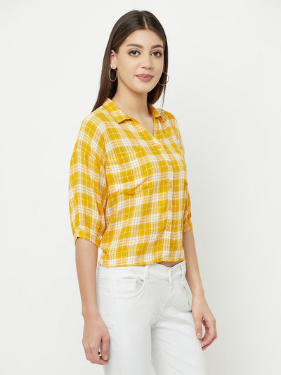 Mustard Checked Multi Pocket Cropped Shirt - Women Shirts