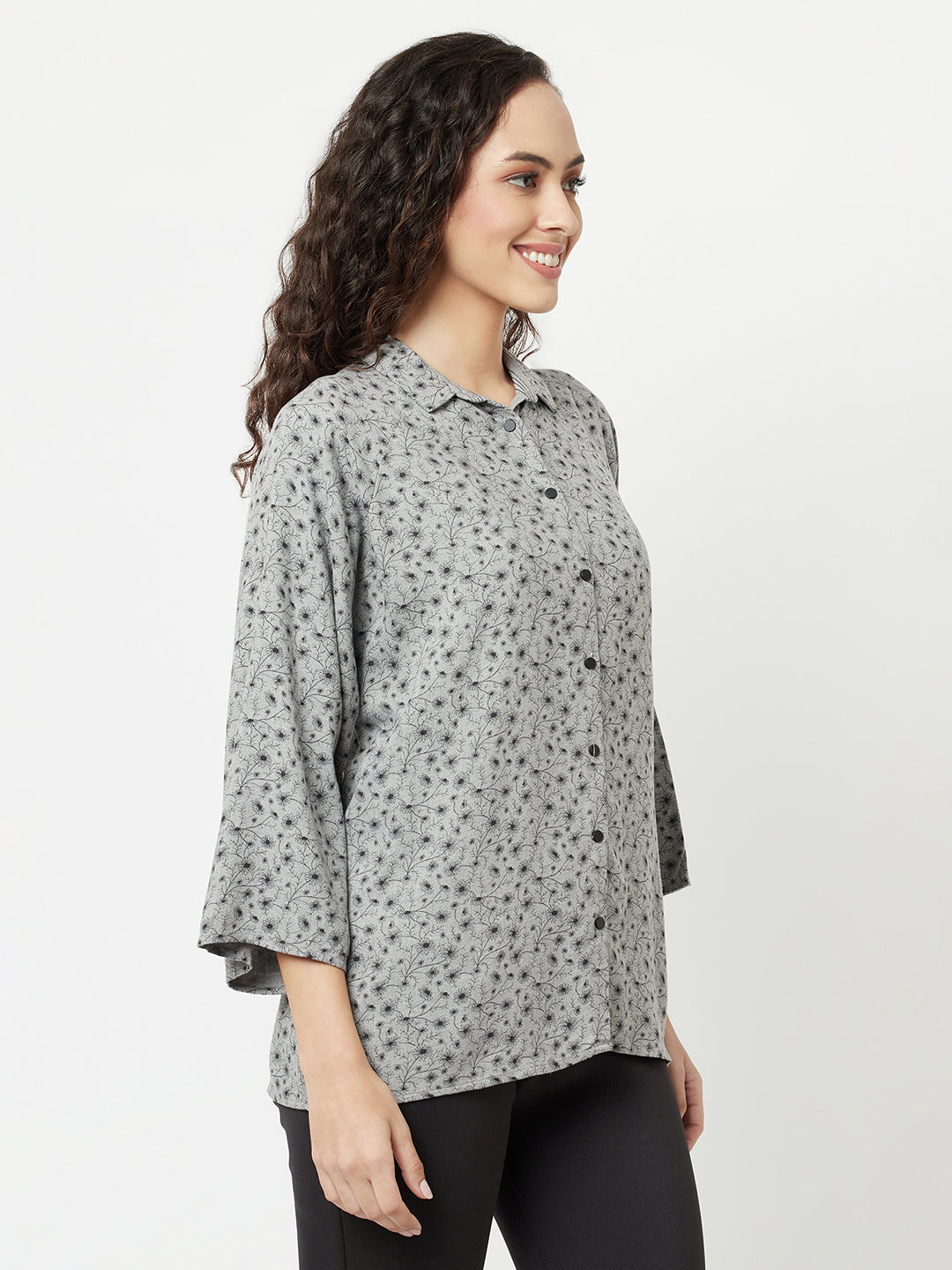 Grey Floral Print Shirt-Women Shirts-Crimsoune Club