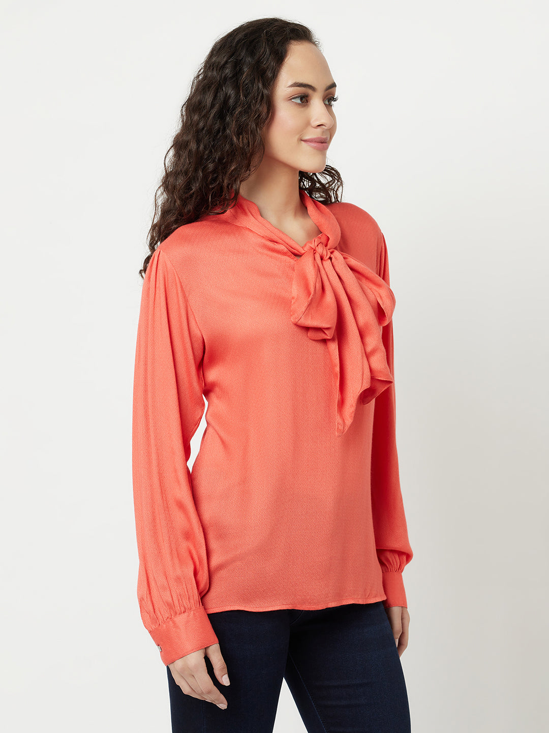 Coral Red Tie-Up Detail Top-Women Tops-Crimsoune Club