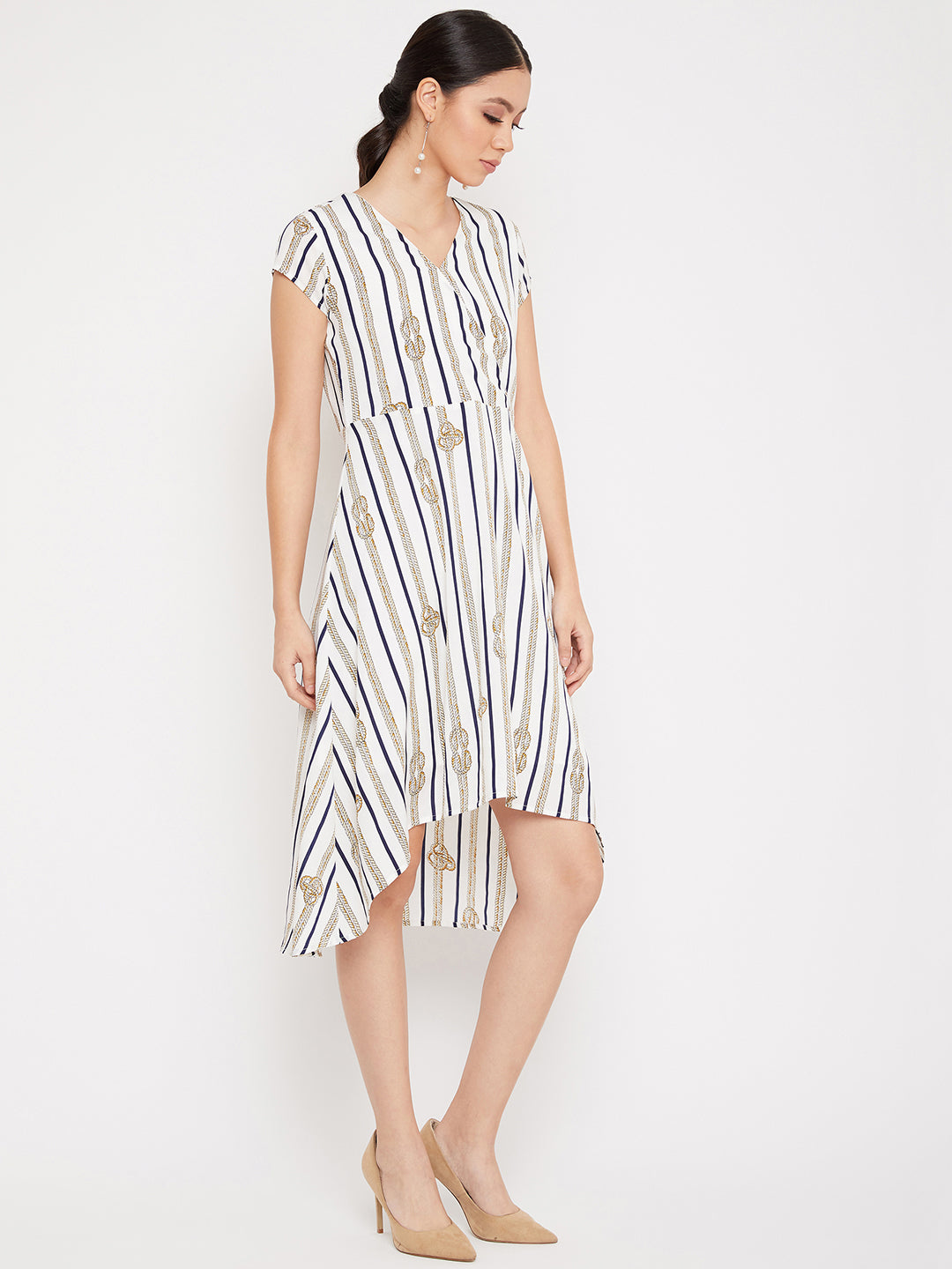 White Striped V-Neck Dress - Women Dresses