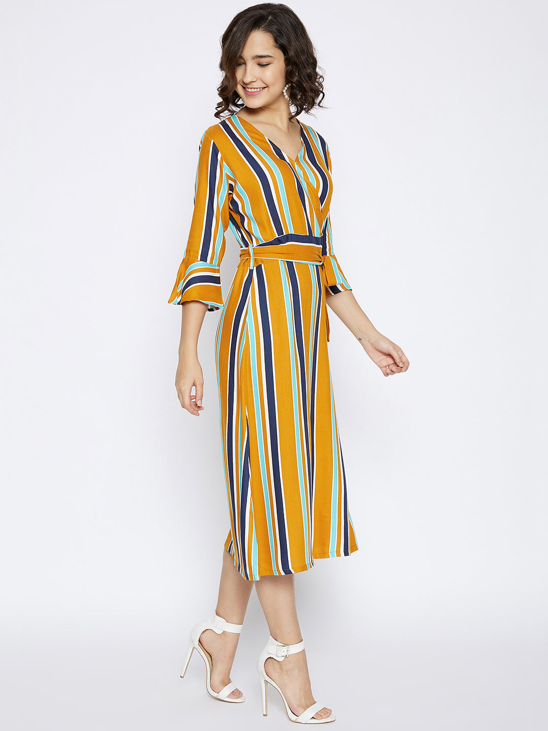 Mustard Striped Wrap Dress - Women Dresses