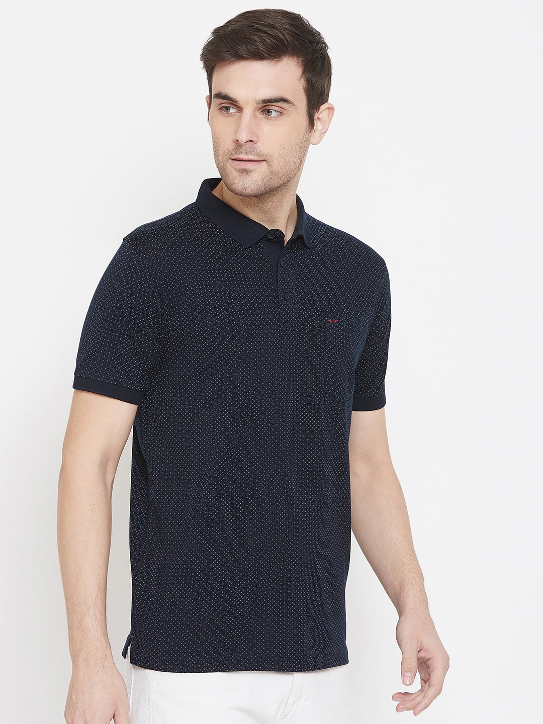 Navy Blue Printed Polo Neck T-Shirt - Men T-Shirts