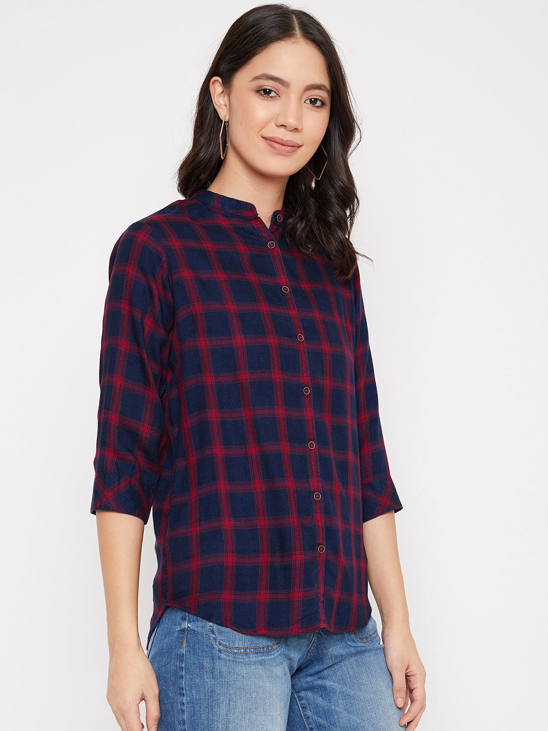 Navy Blue Checked Mandarin Collar Slim Fit Shirt - Women Shirts