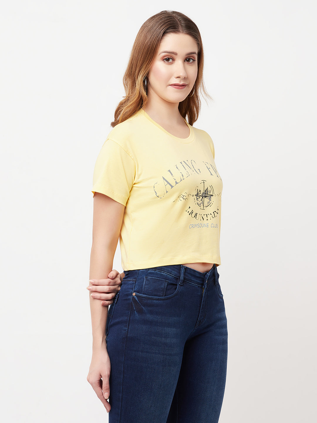 Yellow Printed Round Neck Cropped T-Shirt - Women T-Shirts