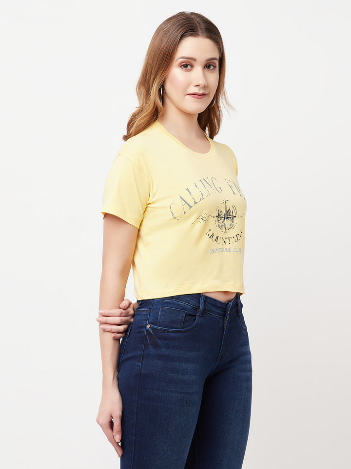 Yellow Printed Round Neck Cropped T-Shirt - Women T-Shirts