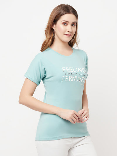 Mint-Green Printed Round Neck T-Shirt - Women T-Shirts