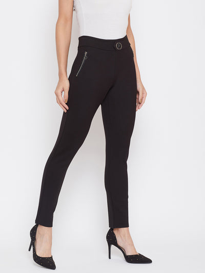 Black Solid Skinny fit Trousers-Women Trousers-Crimsoune Club