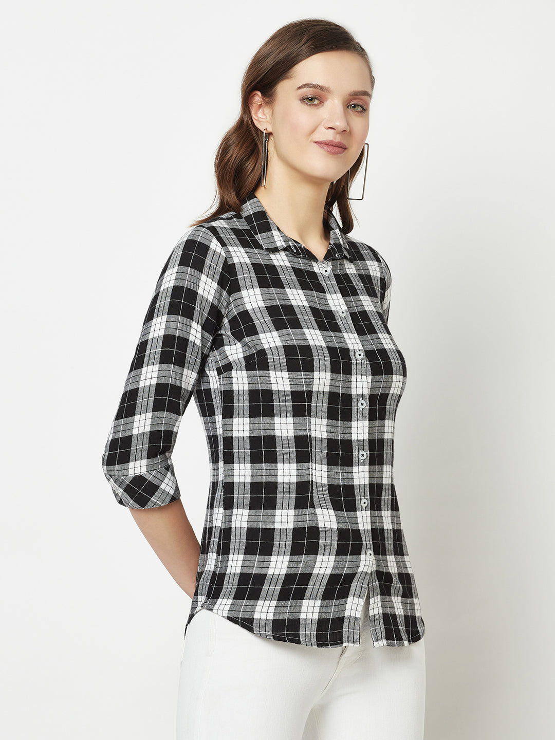 Quarter Sleeve Black Flannel Shirt-Women Shirts-Crimsoune Club