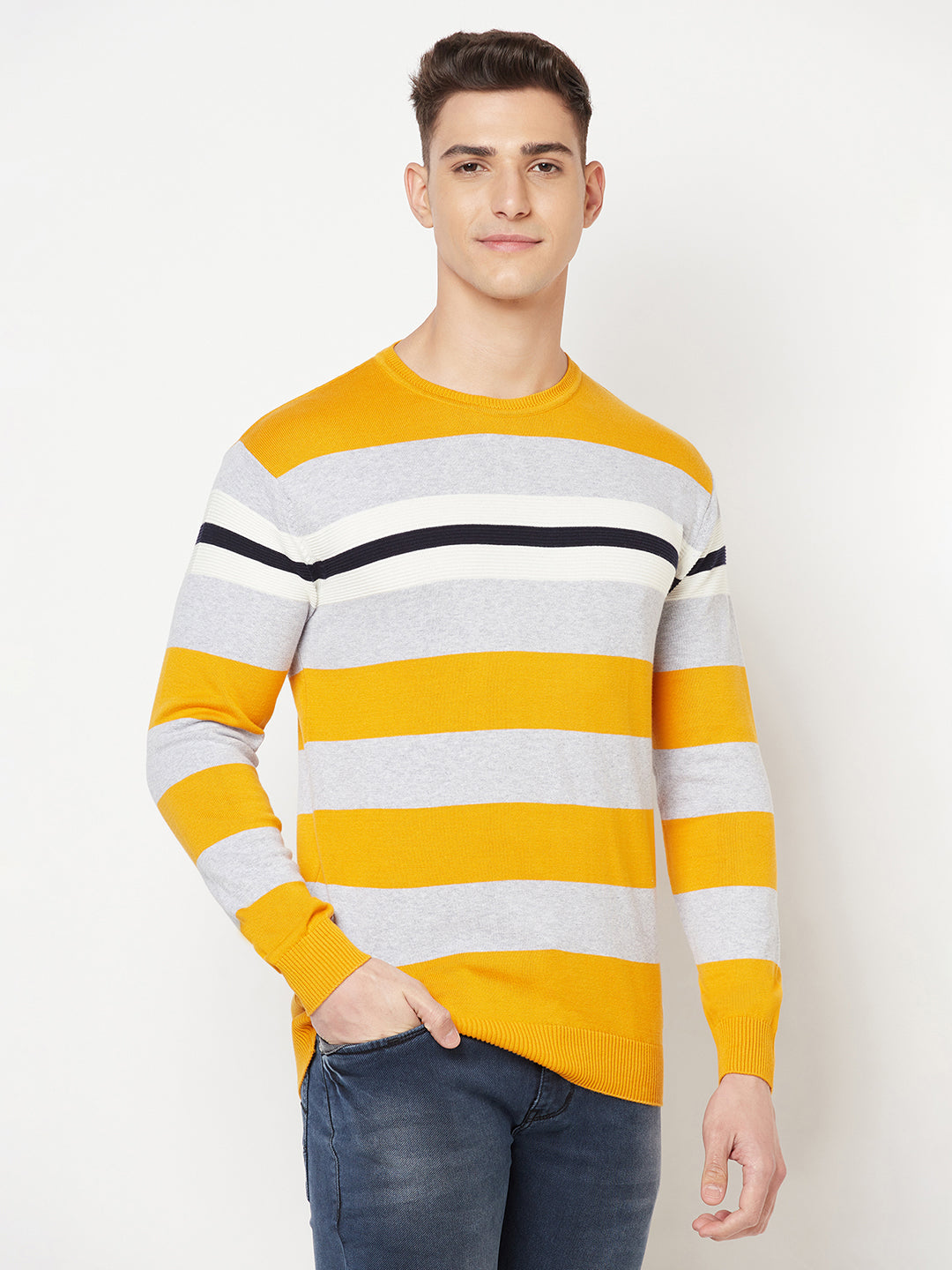 Yellow Colourblocked Round Neck Sweater - Men Sweaters