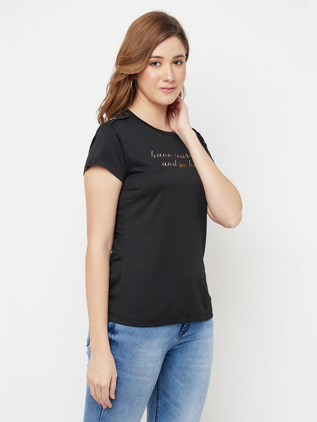 Black Printed Round Neck T-Shirt - Women T-Shirts