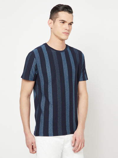 Navy Blue Striped Round Neck T-Shirt - Men T-Shirts