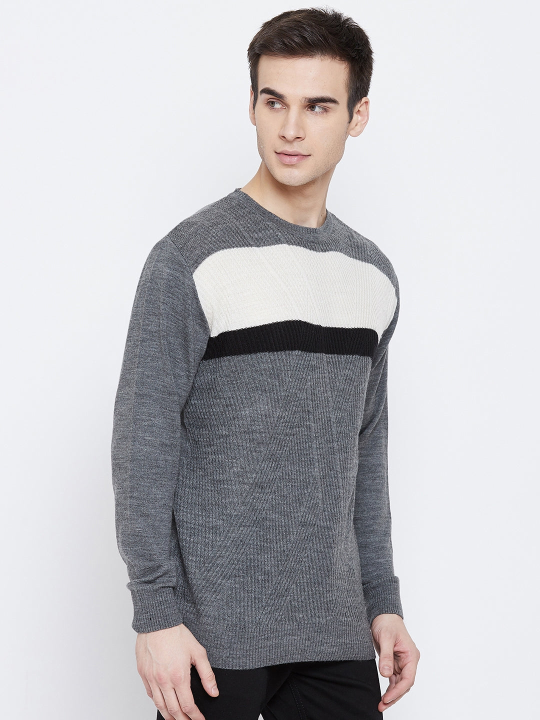 Grey Colorblocked Round Neck Sweater - Men Sweaters