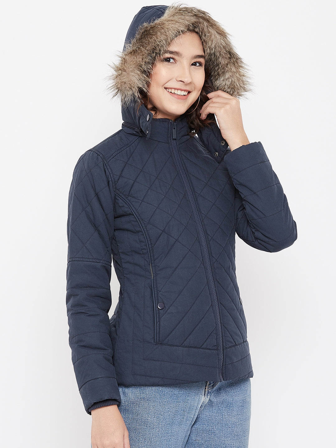 Navy Blue Hooded Jacket - Women Jackets