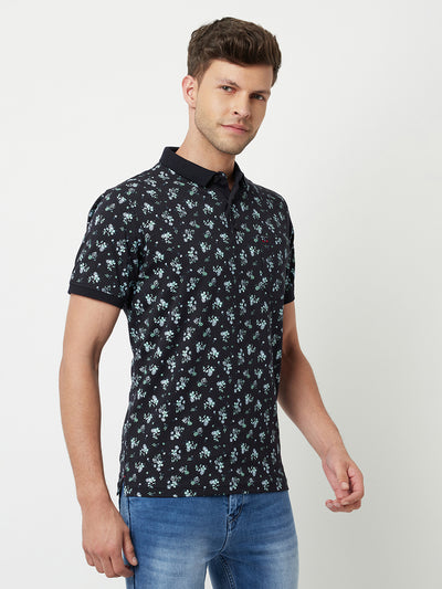 Navy Blue Floral Printed Polo T-Shirt-Men T-Shirts-Crimsoune Club