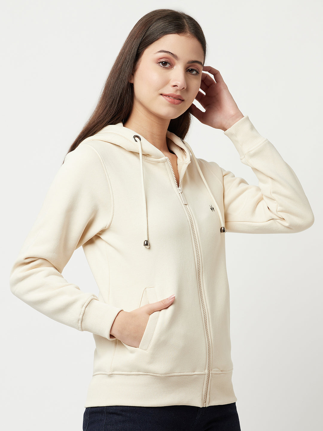 Cream Zipper Sweatshirt-Women Sweatshirts-Crimsoune Club