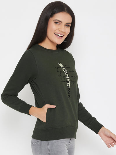 Olive Printed Round Neck Sweatshirt - Women Sweatshirts