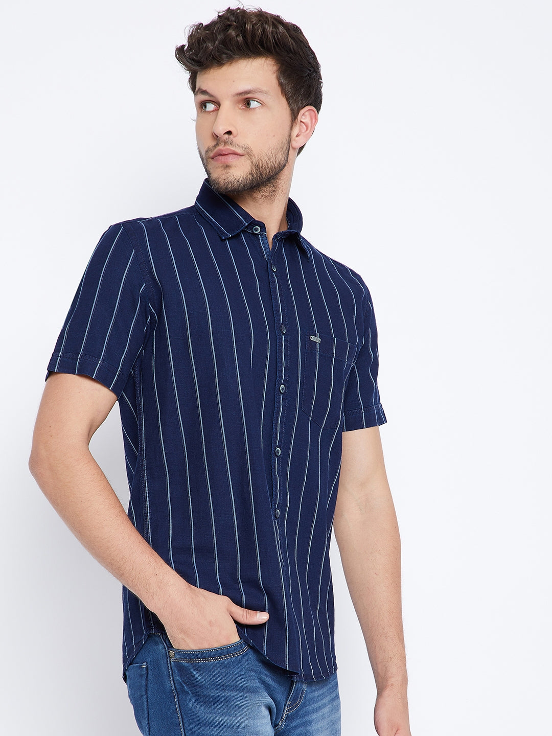 Navy Blue Striped Denim Shirt - Men Shirts