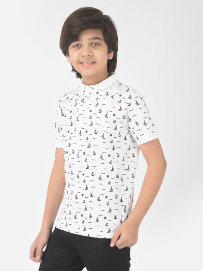 White Printed Polo T-shirt - Boys T-Shirts