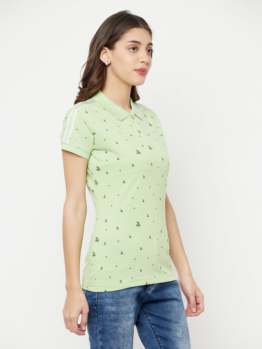 Green Floral Printed Polo Collar T-Shirt - Women T-Shirts
