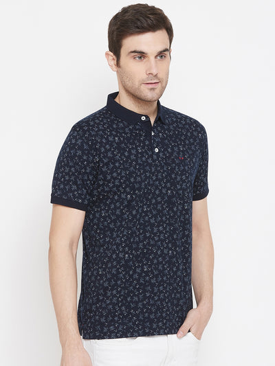 Navy Blue Printed Polo Neck T-Shirt - Men T-Shirts