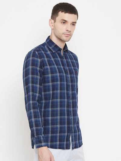 Navy Blue Checked Spread Collar Slim Fit Shirt - Men Shirts