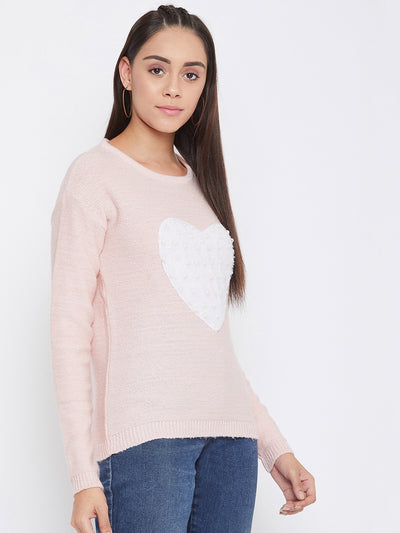 Pink Self Design Round Neck Sweater - Women Sweaters