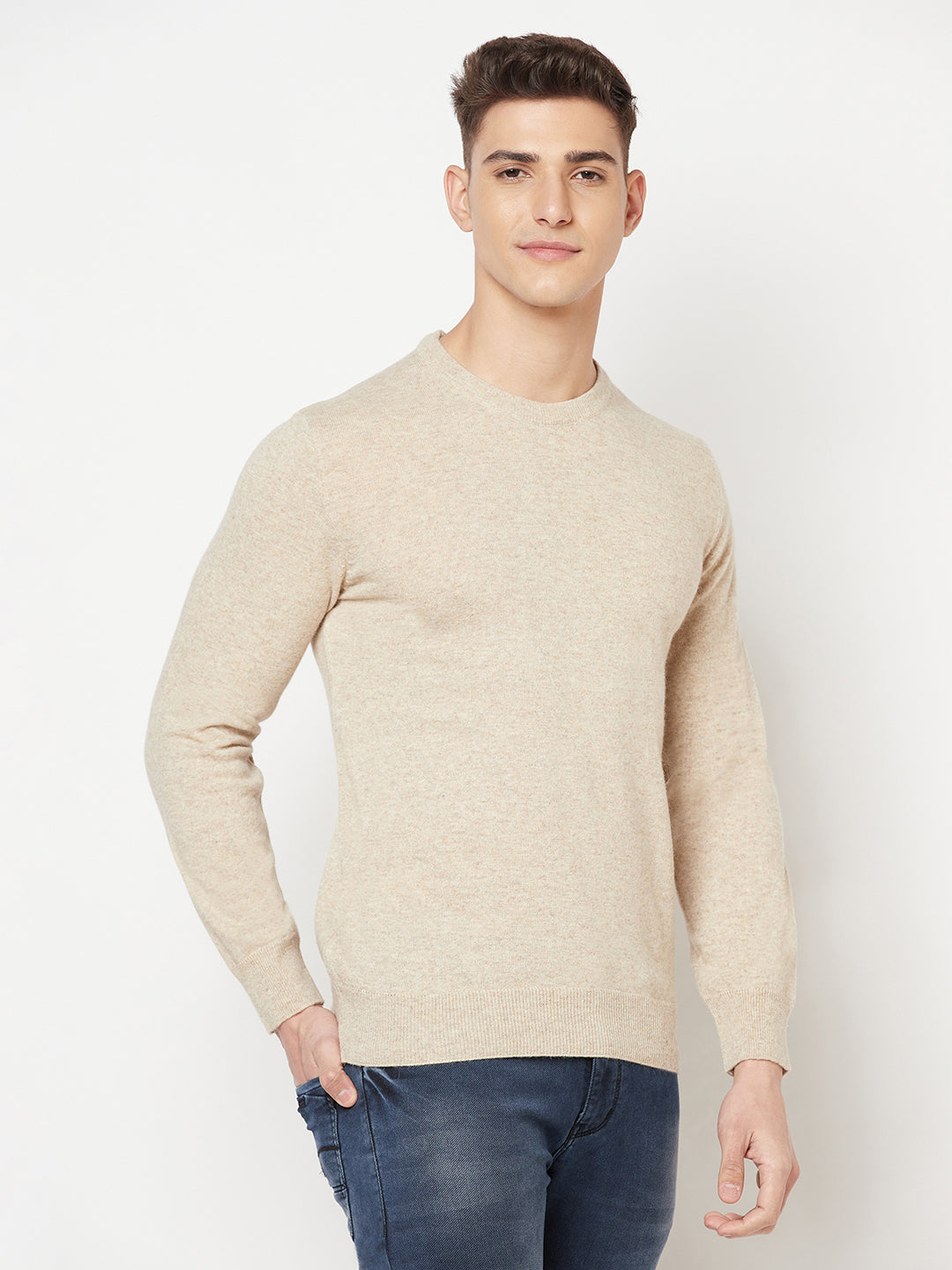 Beige Round Neck Sweater - Men Sweaters