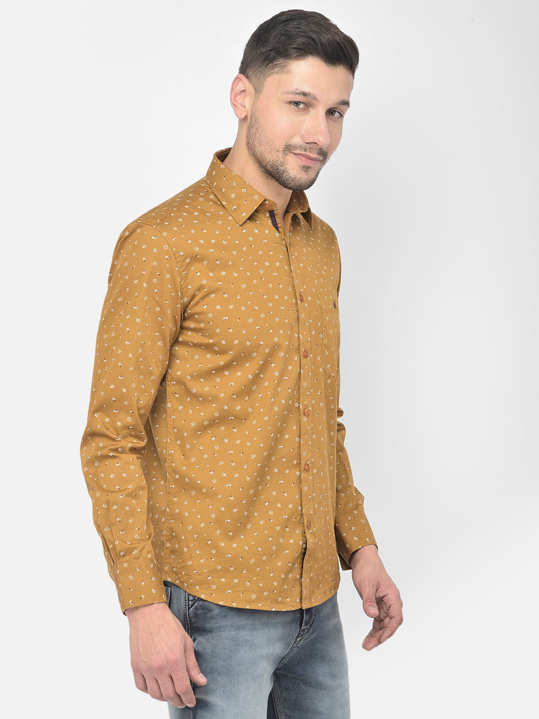 Mustard Printed Spread Collar Shirt - Men Shirts