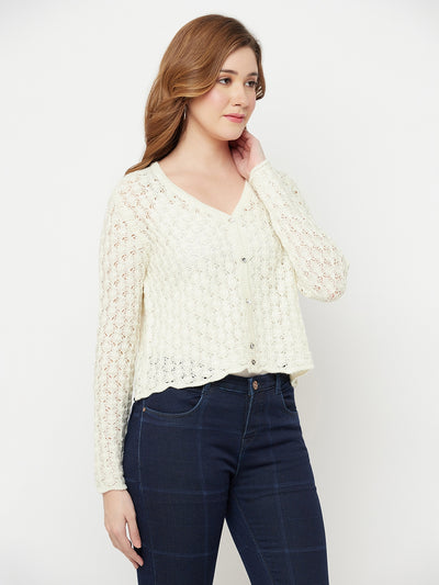 Cream V-Neck Cropped Sweater - Women Sweaters