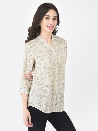 Beige Floral Printed Linen Shirt - Women Shirts