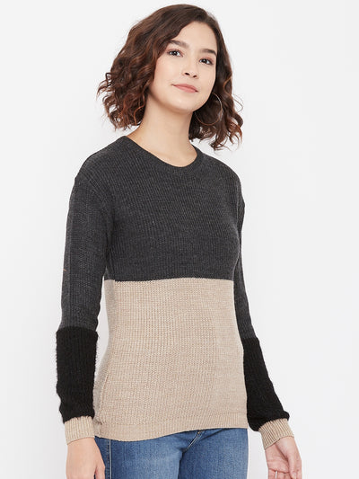 Grey Colorblocked Round Neck Sweater - Women Sweaters