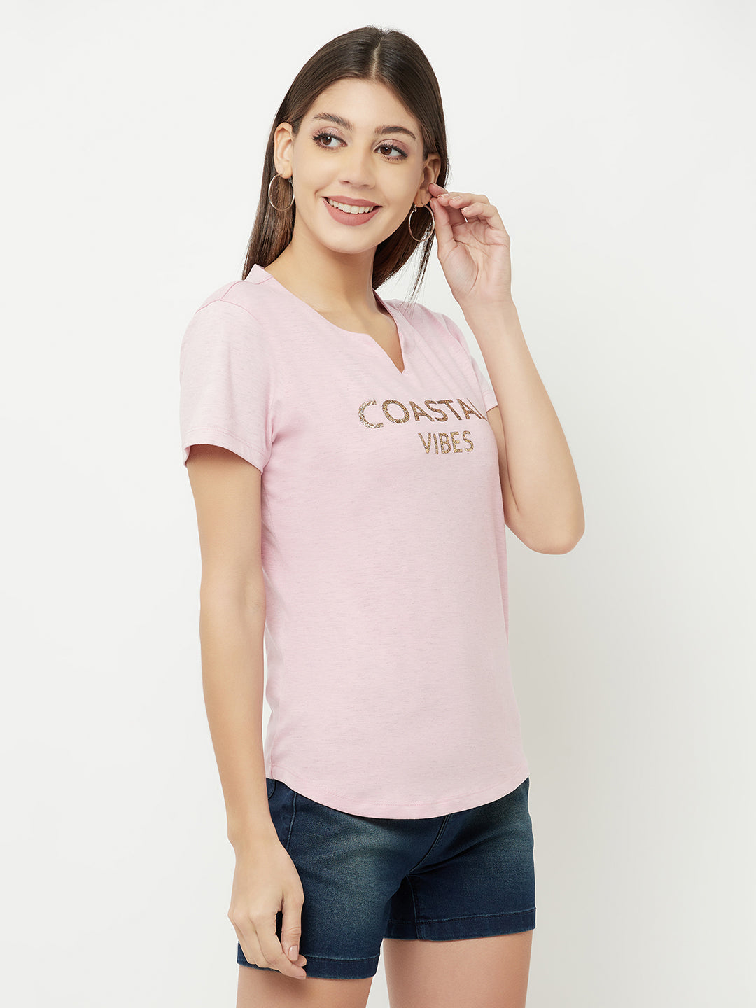 Pink Printed Round Neck T-Shirt - Women T-Shirts