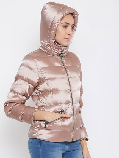 Brown Solid Hooded Jackets-Women Jackets-Crimsoune Club
