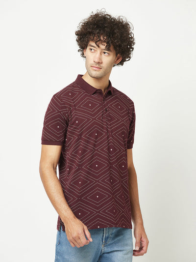  Wine Geometric Print Polo T-Shirt