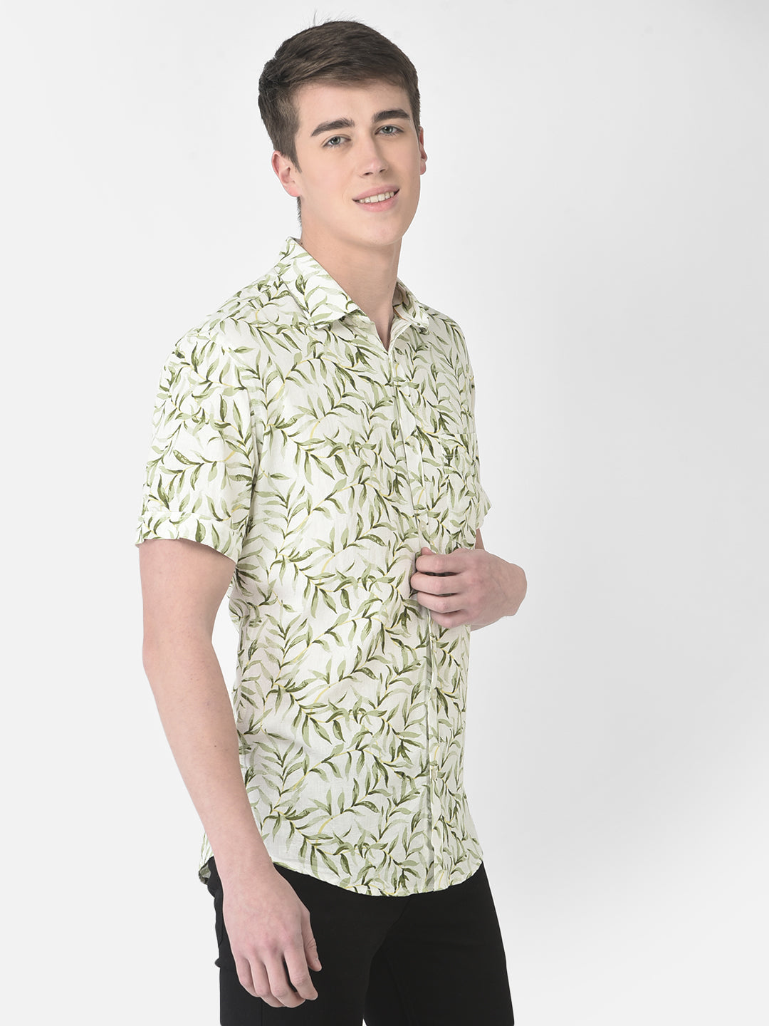  Green Half-Sleeved Floral Shirt 