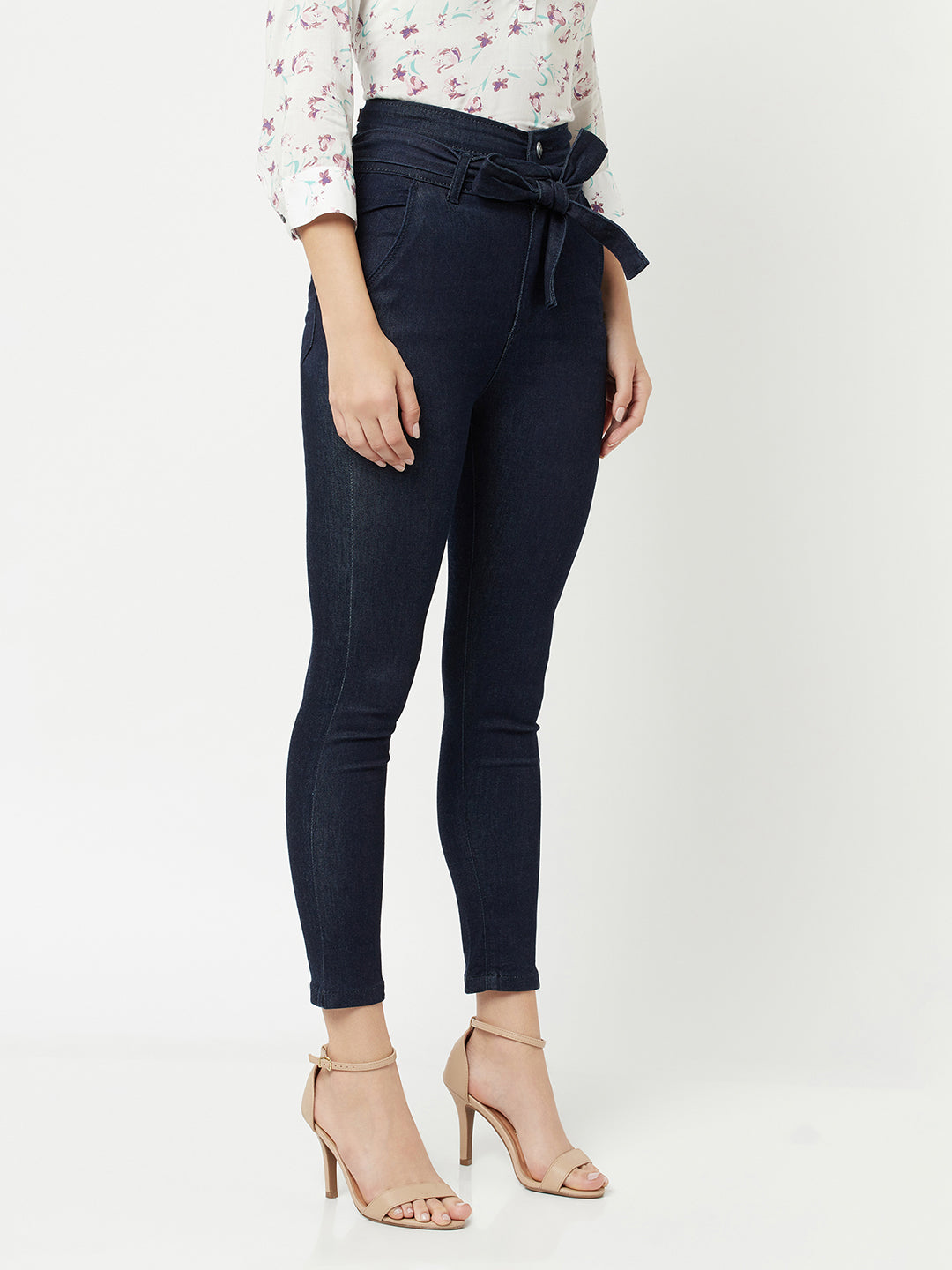 Navy Blue High waist Jeans With Belt-Women Jeans-Crimsoune Club