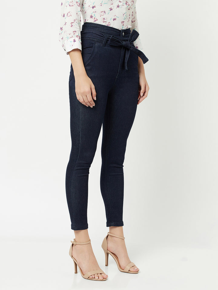 Navy Blue High waist Jeans With Belt-Women Jeans-Crimsoune Club