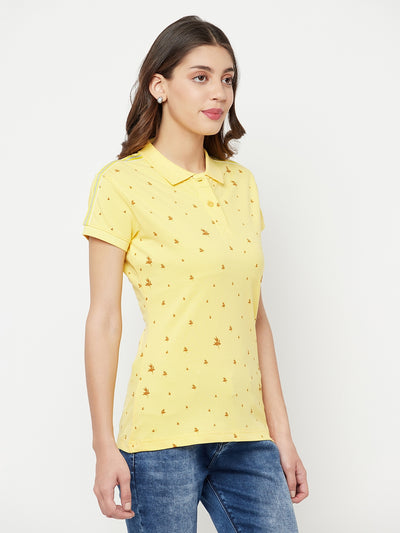 Yellow Floral Printed Polo Collar T-Shirt - Women T-Shirts
