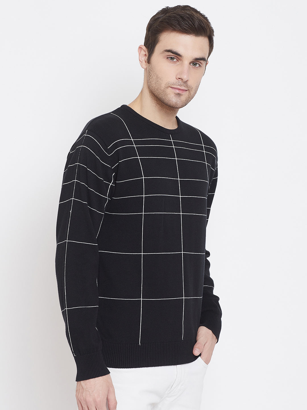 Black Printed Round Neck Sweater - Men Sweaters