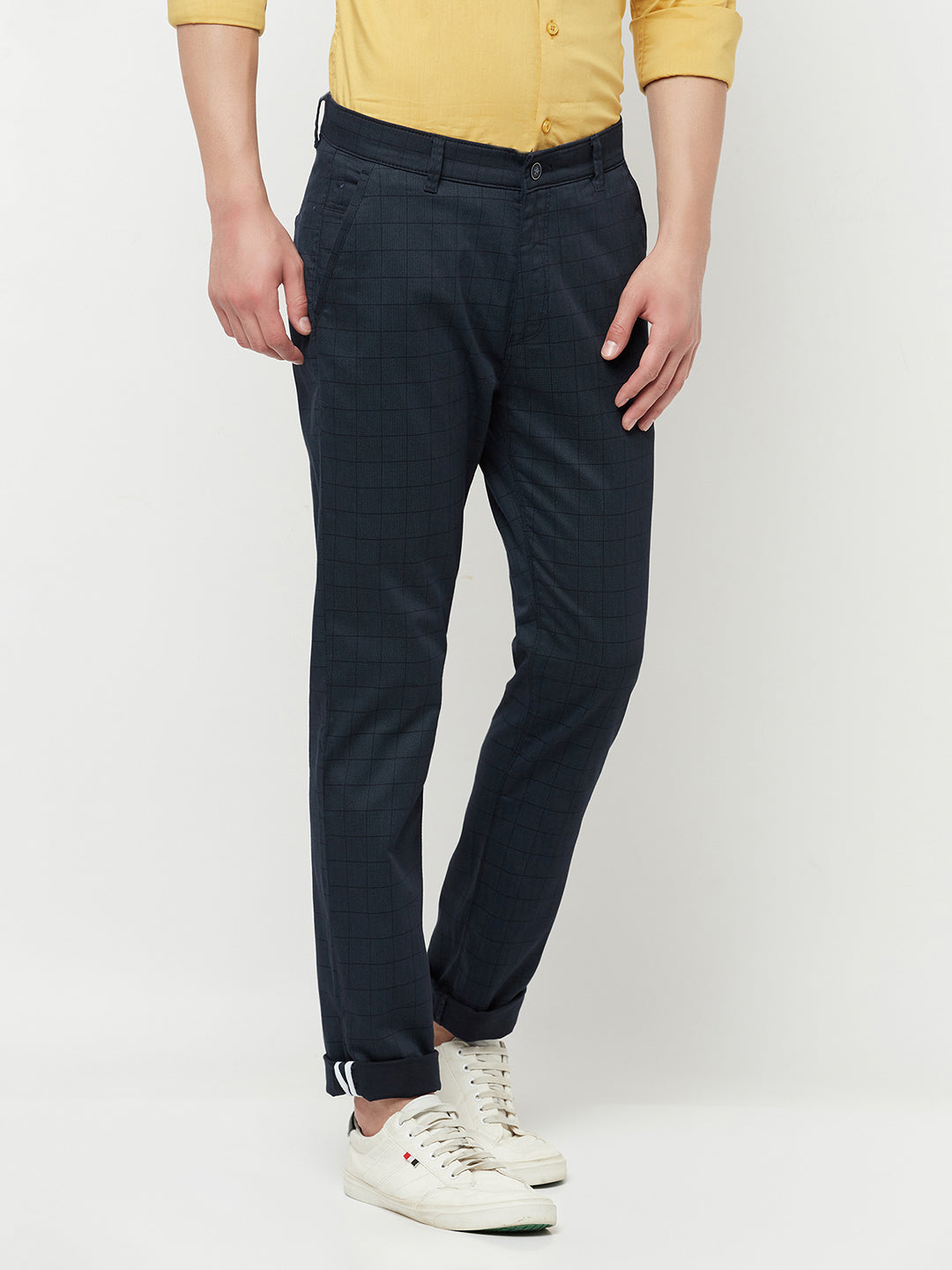 Navy Blue Checked Trouser - Men Trousers