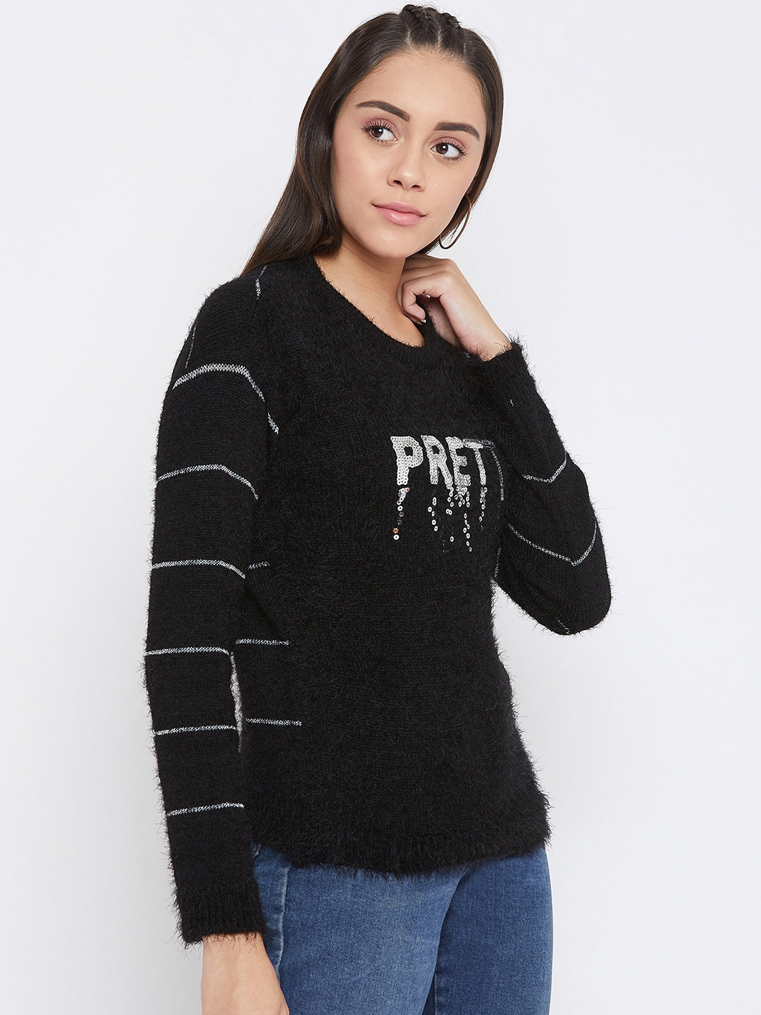 Black Printed Slim Fit Sweater Top - Women Sweaters