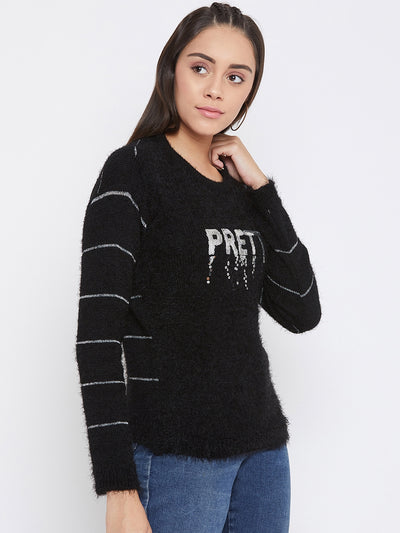 Black Printed Slim Fit Sweater Top - Women Sweaters