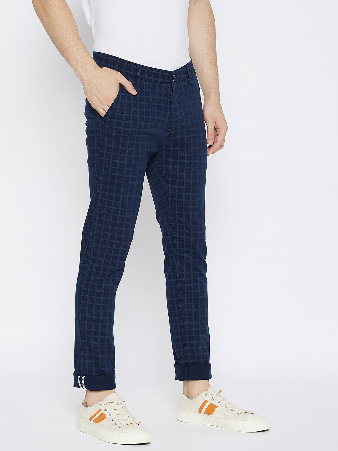 Blue Checked Slim Fit Trousers - Men Trousers