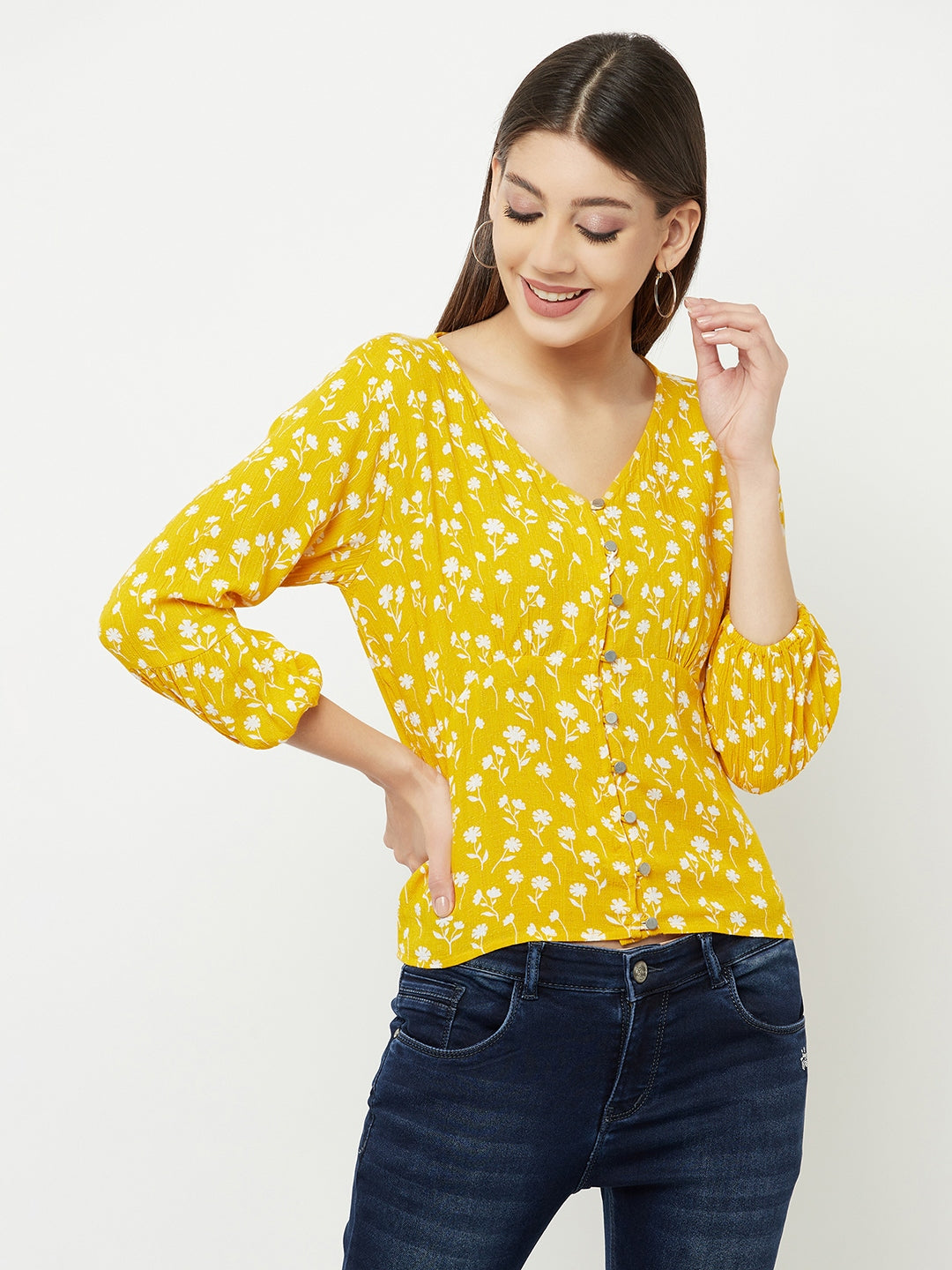 Yellow Floral Printed V-Neck Cropped Top - Women Tops