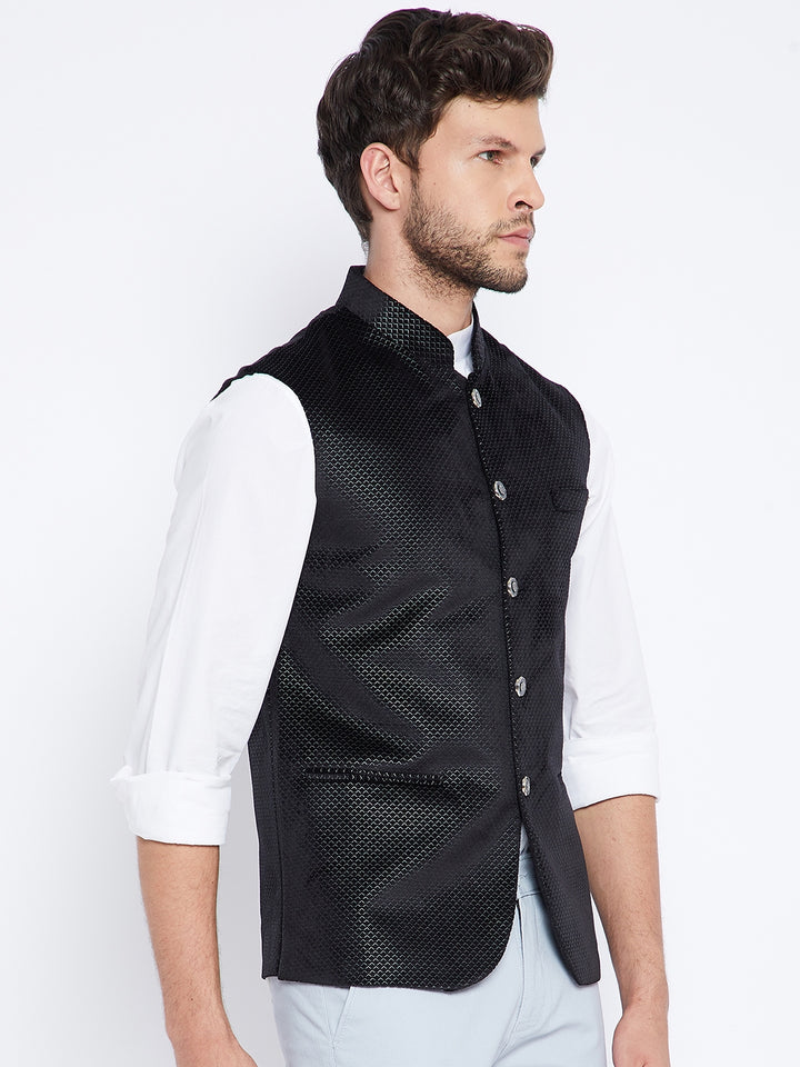 Black Printed Mandarin Waistcoat - Men Waist Coat