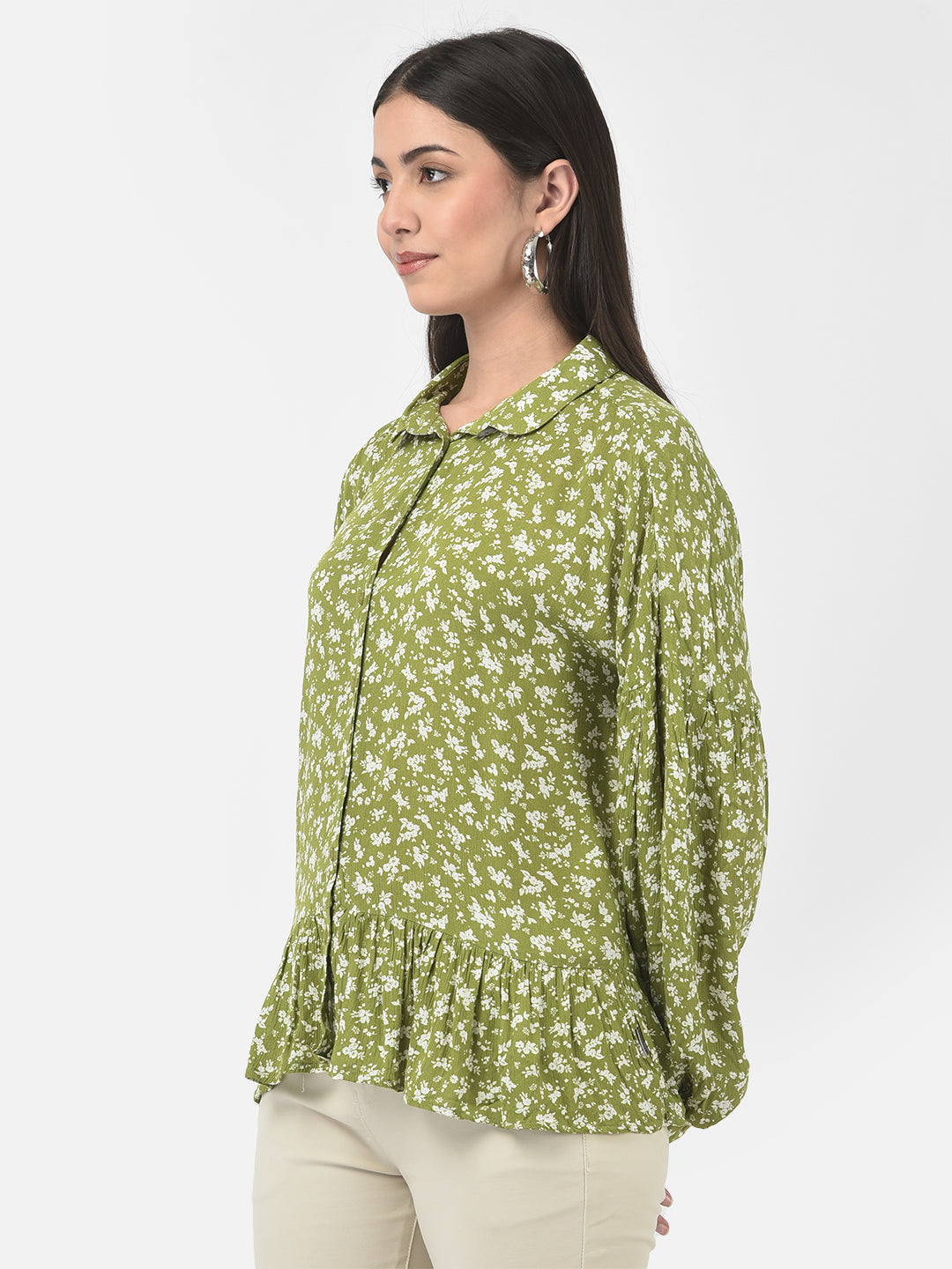 Ruffle Floral Button-Down Top-Women Tops-Crimsoune Club
